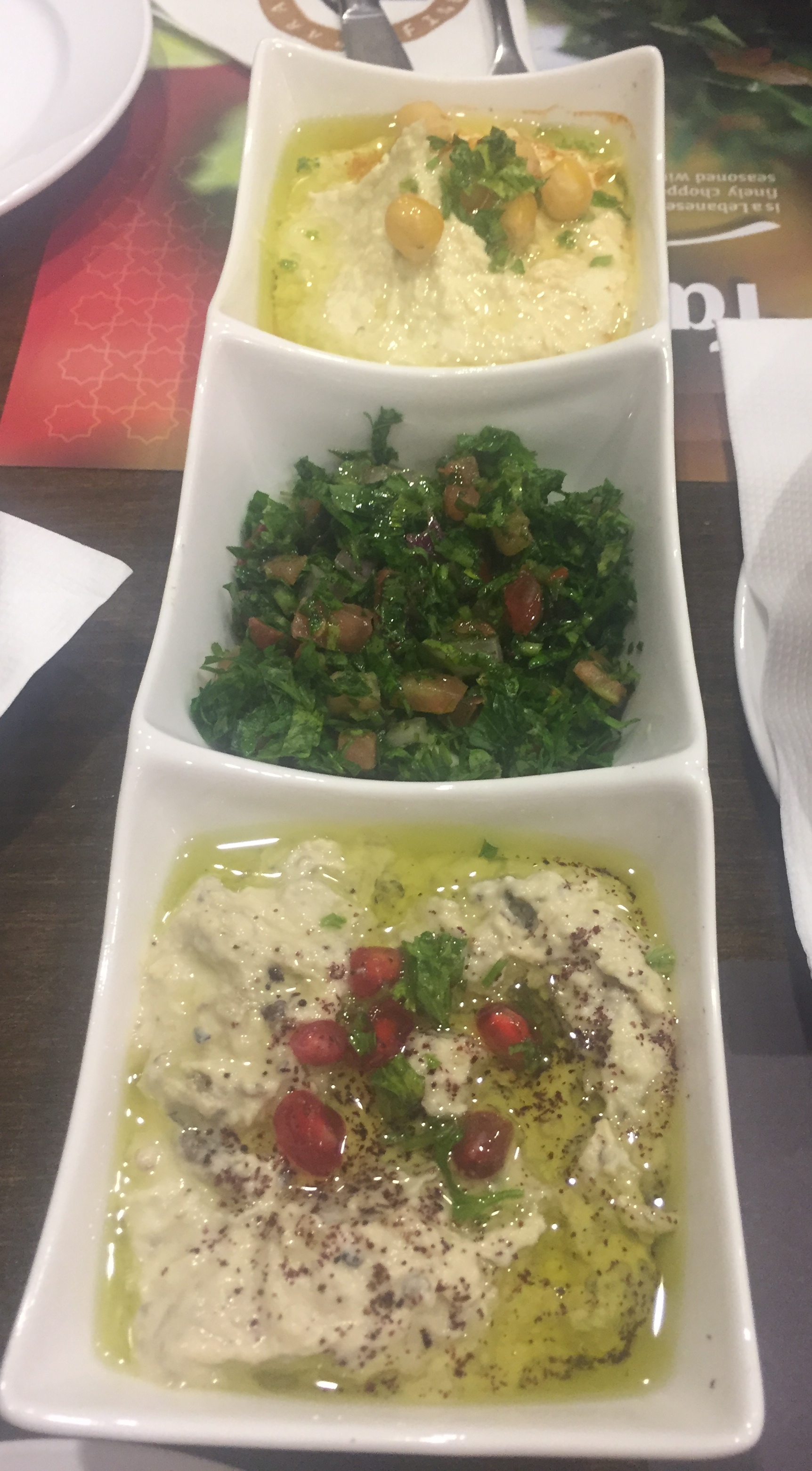 Mezza plate (Hummus, Moutabbal and Tabbouleh) at Paramount Restaurant