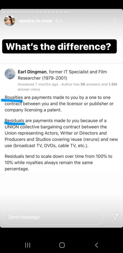 royalties and residuals Ayesha Omar