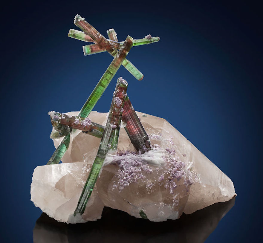 Tourmaline On Quartz With Lepidolite And Cleavelandite Accents