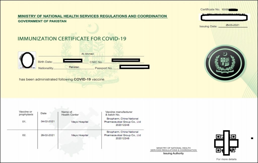 covid vaccine certificate Pakistan