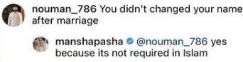 screenshot of mansha pasha's conversation with a fan