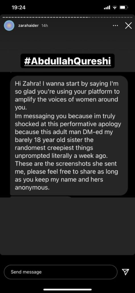 screenshot of a user who called Abdullah Qureshi's apology performative