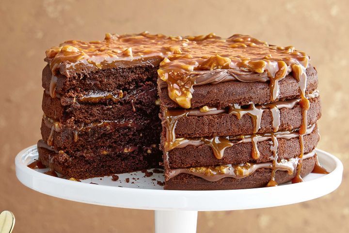 Chocolate and salted peanut caramel layer cake